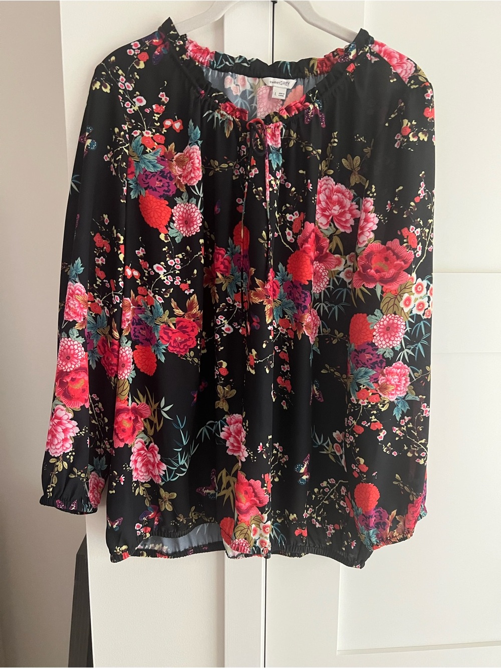 Floral Peasant Blouse in Black with Pink & Red Flowers